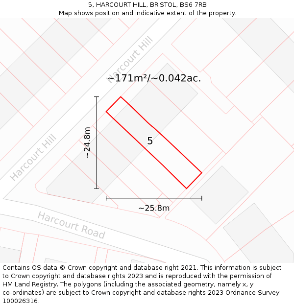 5, HARCOURT HILL, BRISTOL, BS6 7RB: Plot and title map