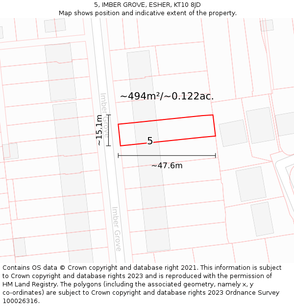 5, IMBER GROVE, ESHER, KT10 8JD: Plot and title map