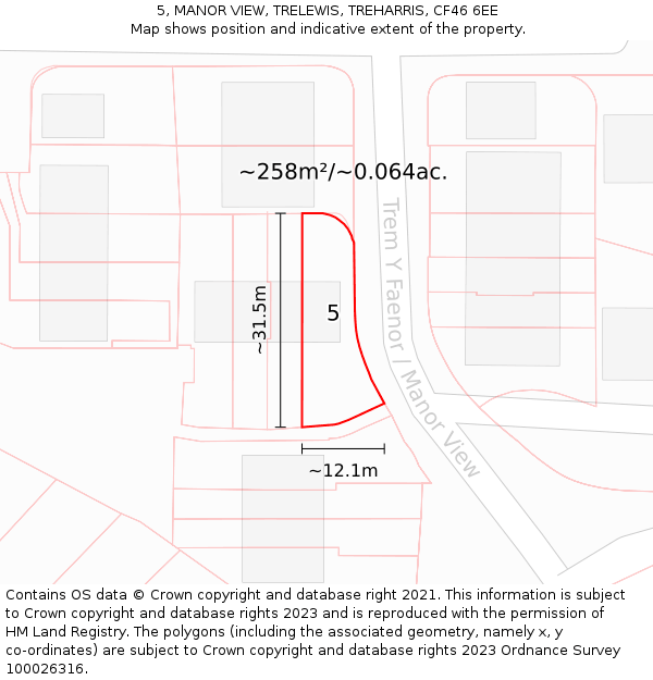 5, MANOR VIEW, TRELEWIS, TREHARRIS, CF46 6EE: Plot and title map