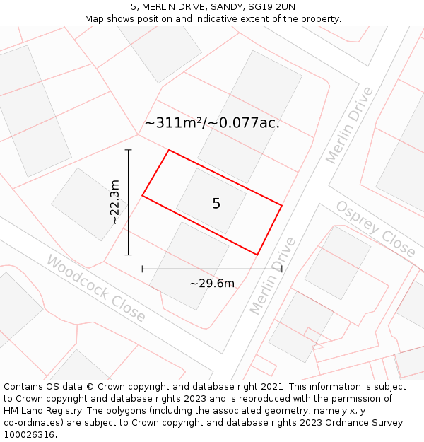 5, MERLIN DRIVE, SANDY, SG19 2UN: Plot and title map