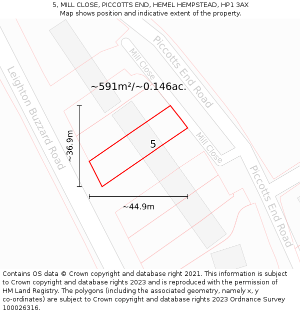 5, MILL CLOSE, PICCOTTS END, HEMEL HEMPSTEAD, HP1 3AX: Plot and title map