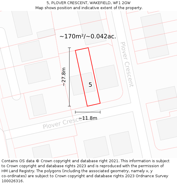 5, PLOVER CRESCENT, WAKEFIELD, WF1 2GW: Plot and title map