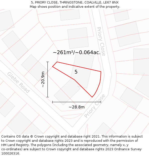 5, PRIORY CLOSE, THRINGSTONE, COALVILLE, LE67 8NX: Plot and title map