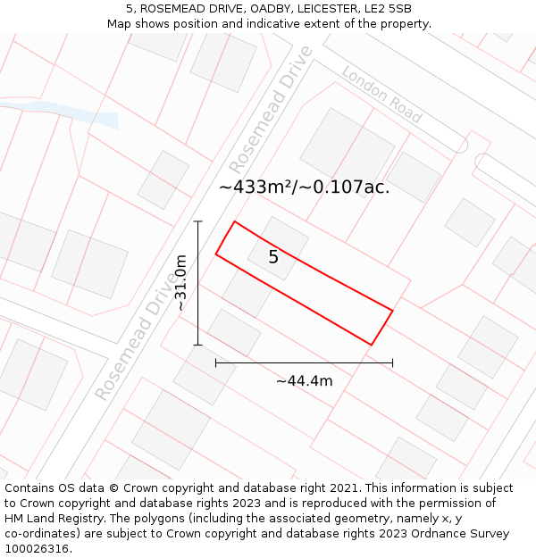 5, ROSEMEAD DRIVE, OADBY, LEICESTER, LE2 5SB: Plot and title map