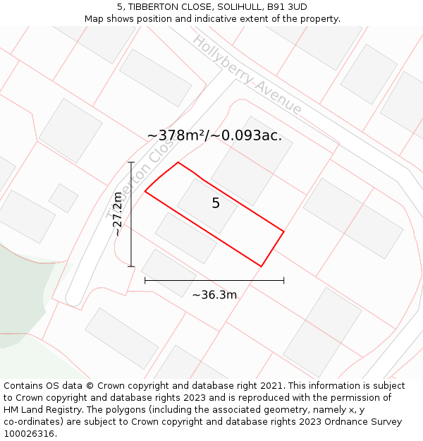 5, TIBBERTON CLOSE, SOLIHULL, B91 3UD: Plot and title map