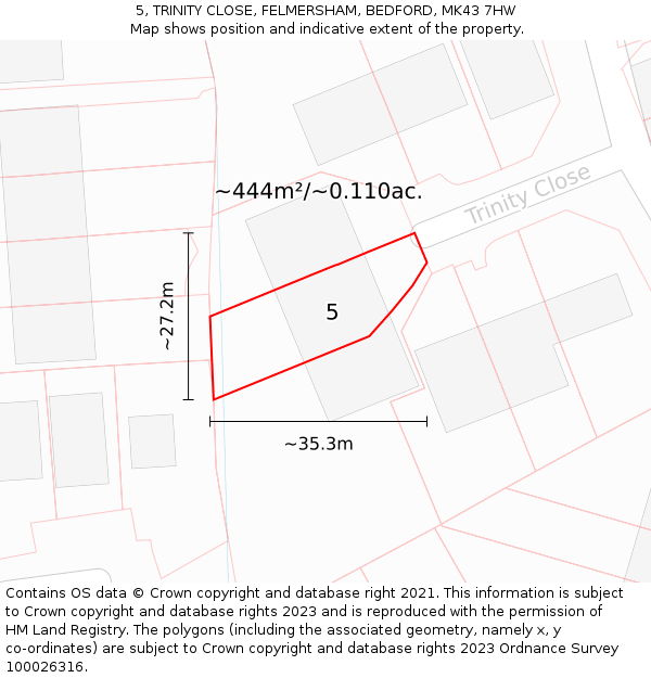 5, TRINITY CLOSE, FELMERSHAM, BEDFORD, MK43 7HW: Plot and title map