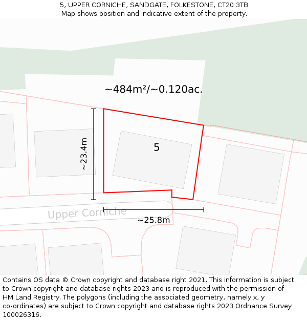 5, UPPER CORNICHE, SANDGATE, FOLKESTONE, CT20 3TB: Plot and title map