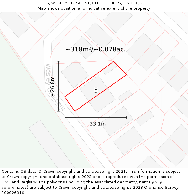 5, WESLEY CRESCENT, CLEETHORPES, DN35 0JS: Plot and title map