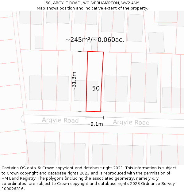50, ARGYLE ROAD, WOLVERHAMPTON, WV2 4NY: Plot and title map
