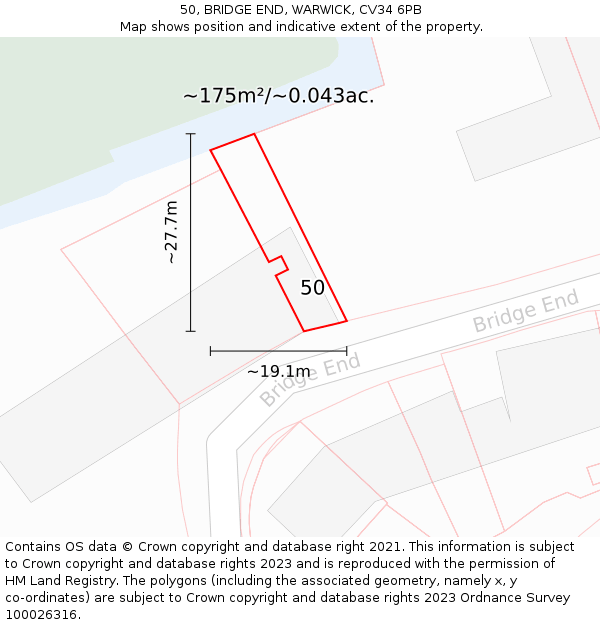 50, BRIDGE END, WARWICK, CV34 6PB: Plot and title map