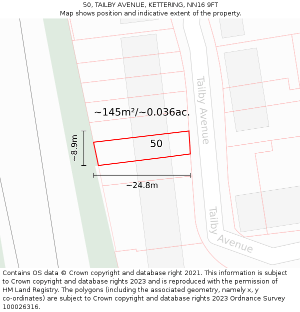 50, TAILBY AVENUE, KETTERING, NN16 9FT: Plot and title map