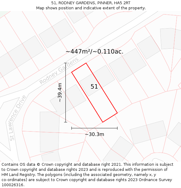 51, RODNEY GARDENS, PINNER, HA5 2RT: Plot and title map