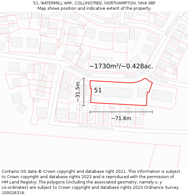 51, WATERMILL WAY, COLLINGTREE, NORTHAMPTON, NN4 0BF: Plot and title map