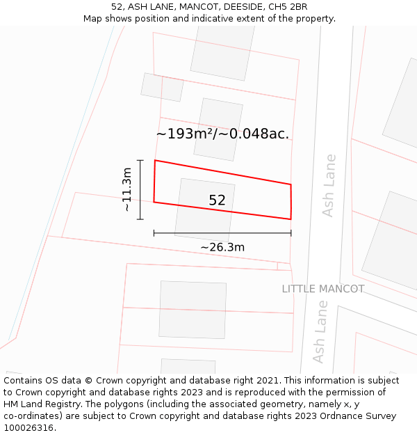 52, ASH LANE, MANCOT, DEESIDE, CH5 2BR: Plot and title map