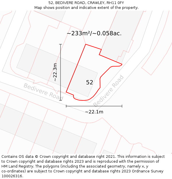 52, BEDIVERE ROAD, CRAWLEY, RH11 0FY: Plot and title map
