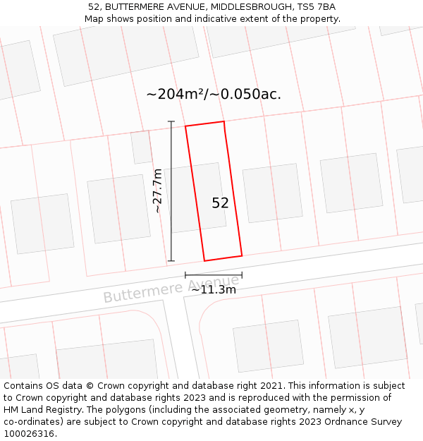 52, BUTTERMERE AVENUE, MIDDLESBROUGH, TS5 7BA: Plot and title map