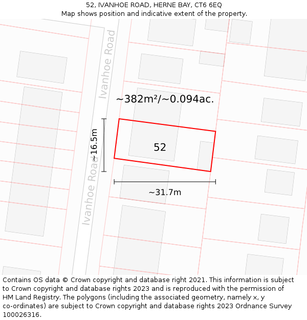 52, IVANHOE ROAD, HERNE BAY, CT6 6EQ: Plot and title map