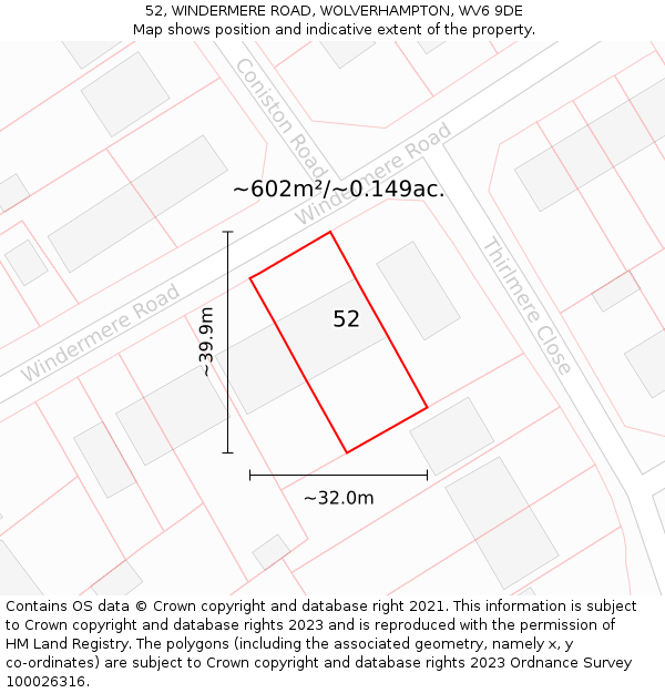 52, WINDERMERE ROAD, WOLVERHAMPTON, WV6 9DE: Plot and title map