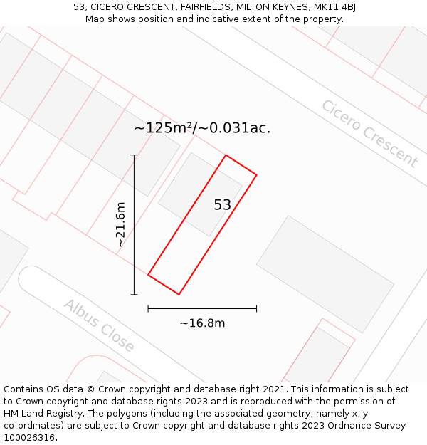 53, CICERO CRESCENT, FAIRFIELDS, MILTON KEYNES, MK11 4BJ: Plot and title map