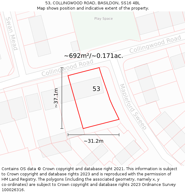 53, COLLINGWOOD ROAD, BASILDON, SS16 4BL: Plot and title map