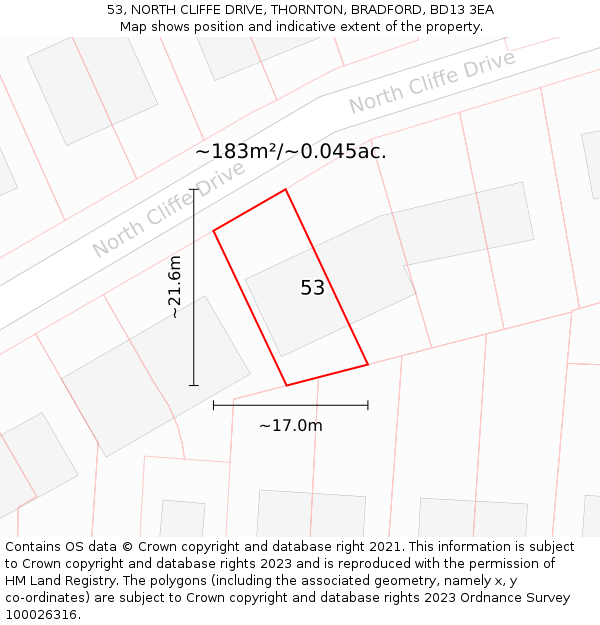 53, NORTH CLIFFE DRIVE, THORNTON, BRADFORD, BD13 3EA: Plot and title map