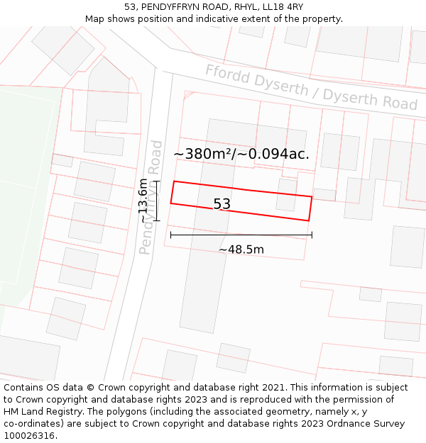53, PENDYFFRYN ROAD, RHYL, LL18 4RY: Plot and title map