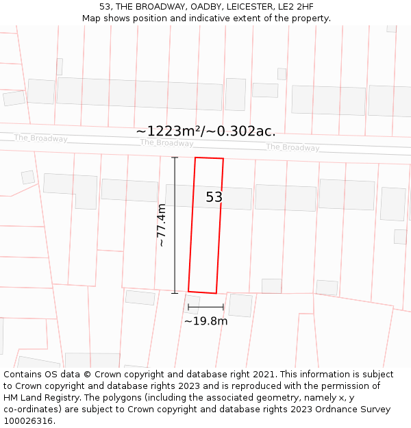 53, THE BROADWAY, OADBY, LEICESTER, LE2 2HF: Plot and title map