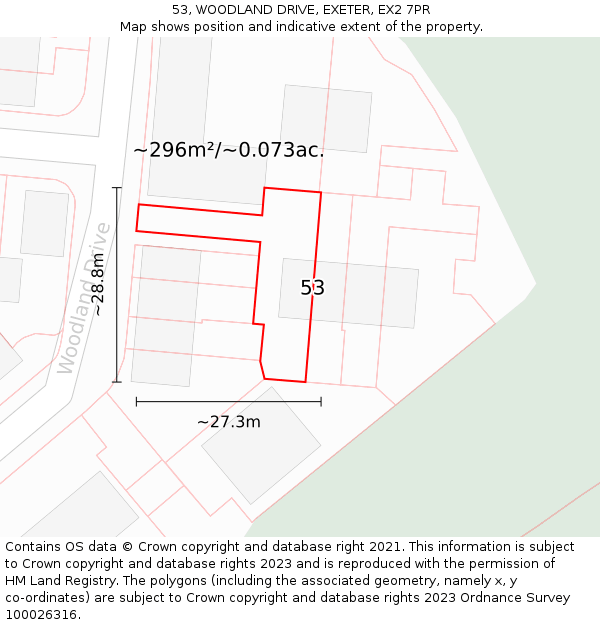 53, WOODLAND DRIVE, EXETER, EX2 7PR: Plot and title map