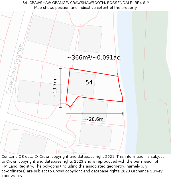 54, CRAWSHAW GRANGE, CRAWSHAWBOOTH, ROSSENDALE, BB4 8LY: Plot and title map