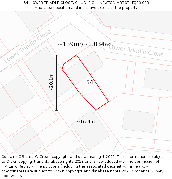 54, LOWER TRINDLE CLOSE, CHUDLEIGH, NEWTON ABBOT, TQ13 0FB: Plot and title map
