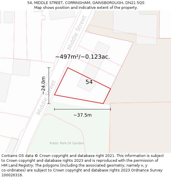 54, MIDDLE STREET, CORRINGHAM, GAINSBOROUGH, DN21 5QS: Plot and title map