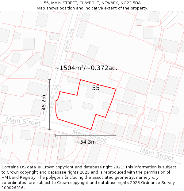 55, MAIN STREET, CLAYPOLE, NEWARK, NG23 5BA: Plot and title map