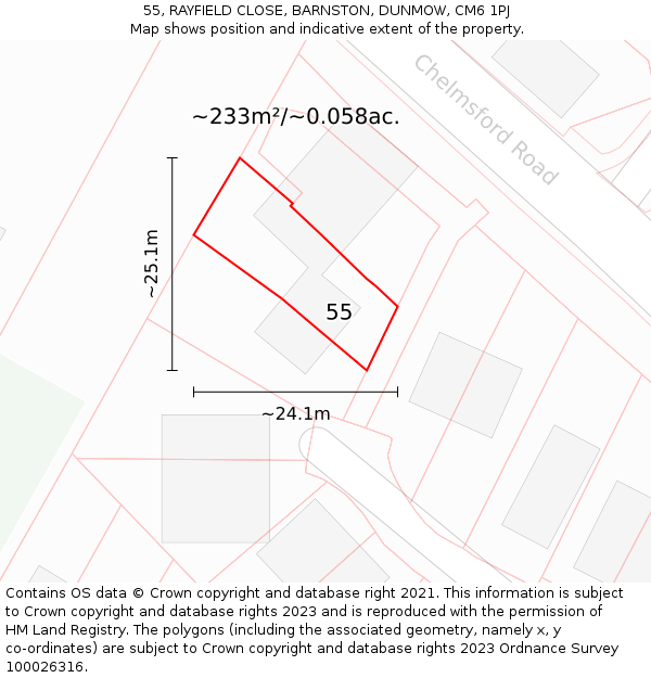 55, RAYFIELD CLOSE, BARNSTON, DUNMOW, CM6 1PJ: Plot and title map