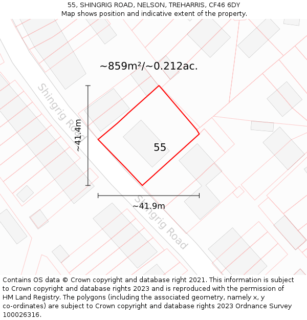 55, SHINGRIG ROAD, NELSON, TREHARRIS, CF46 6DY: Plot and title map
