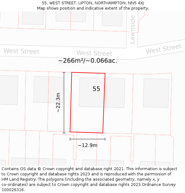 55, WEST STREET, UPTON, NORTHAMPTON, NN5 4XJ: Plot and title map