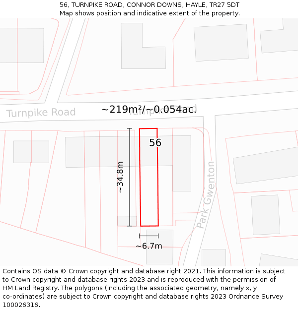 56, TURNPIKE ROAD, CONNOR DOWNS, HAYLE, TR27 5DT: Plot and title map