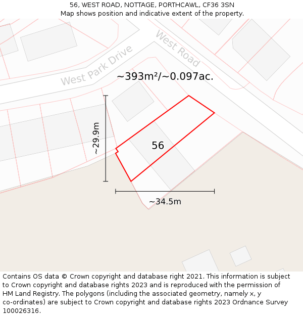 56, WEST ROAD, NOTTAGE, PORTHCAWL, CF36 3SN: Plot and title map