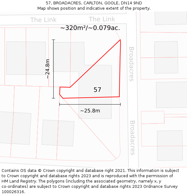 57, BROADACRES, CARLTON, GOOLE, DN14 9ND: Plot and title map
