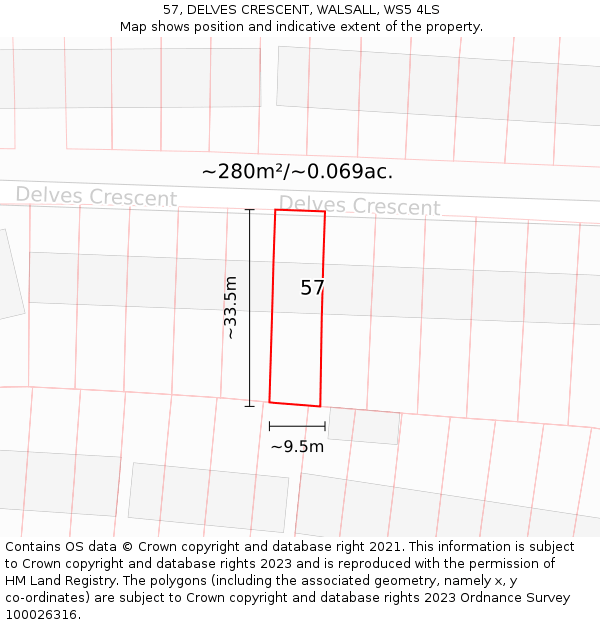 57, DELVES CRESCENT, WALSALL, WS5 4LS: Plot and title map