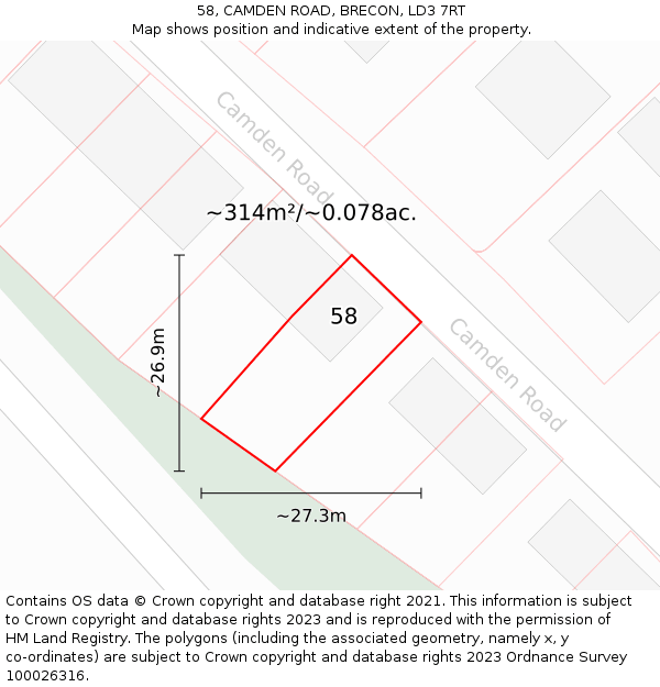 58, CAMDEN ROAD, BRECON, LD3 7RT: Plot and title map