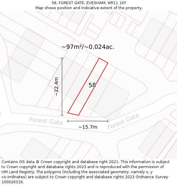 58, FOREST GATE, EVESHAM, WR11 1XY: Plot and title map