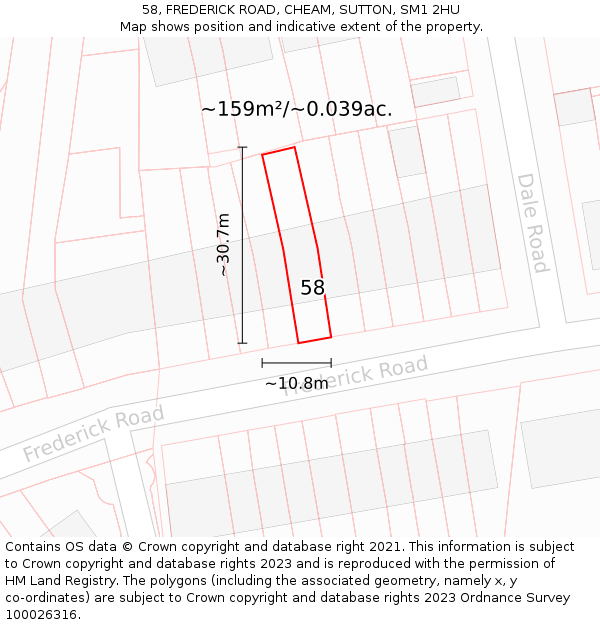 58, FREDERICK ROAD, CHEAM, SUTTON, SM1 2HU: Plot and title map