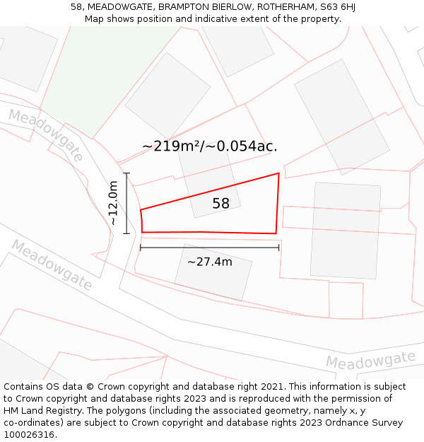 58, MEADOWGATE, BRAMPTON BIERLOW, ROTHERHAM, S63 6HJ: Plot and title map