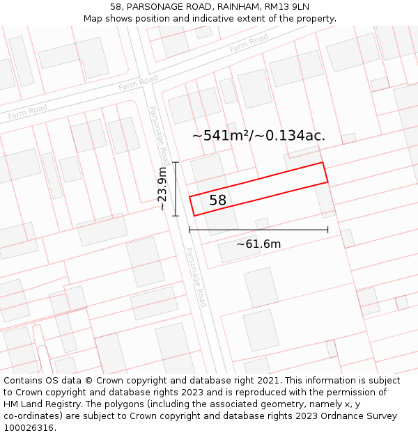 58, PARSONAGE ROAD, RAINHAM, RM13 9LN: Plot and title map