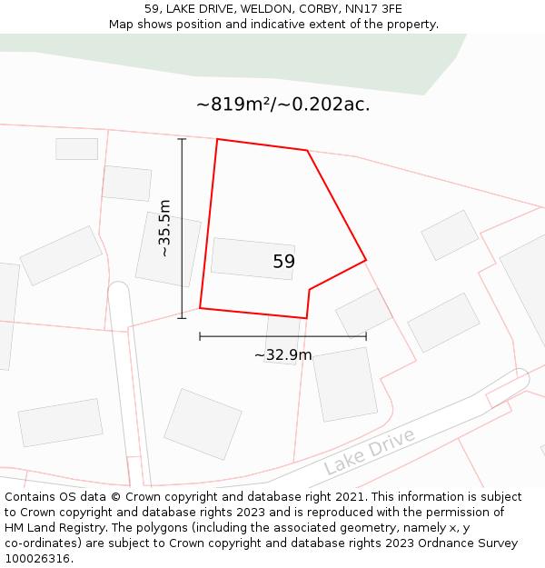 59, LAKE DRIVE, WELDON, CORBY, NN17 3FE: Plot and title map
