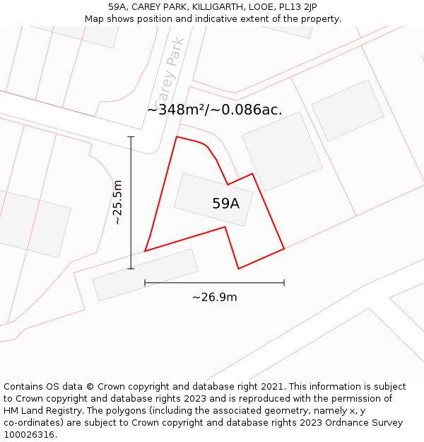 59A, CAREY PARK, KILLIGARTH, LOOE, PL13 2JP: Plot and title map
