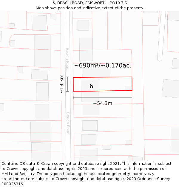 6, BEACH ROAD, EMSWORTH, PO10 7JS: Plot and title map