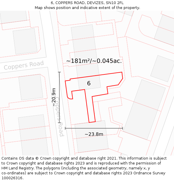 6, COPPERS ROAD, DEVIZES, SN10 2FL: Plot and title map