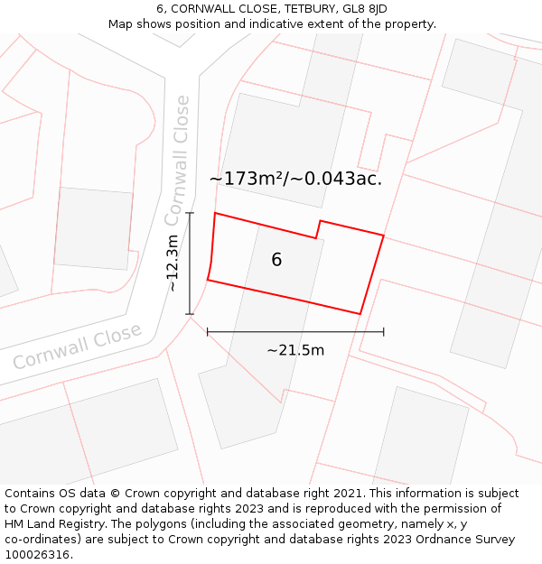 6, CORNWALL CLOSE, TETBURY, GL8 8JD: Plot and title map