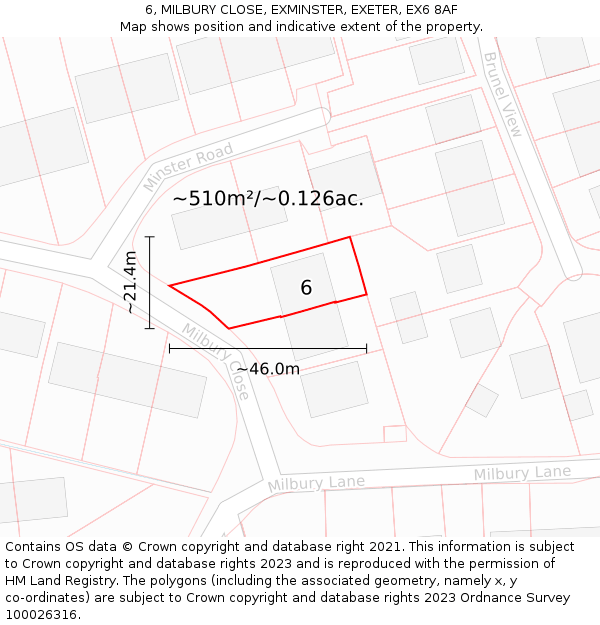 6, MILBURY CLOSE, EXMINSTER, EXETER, EX6 8AF: Plot and title map